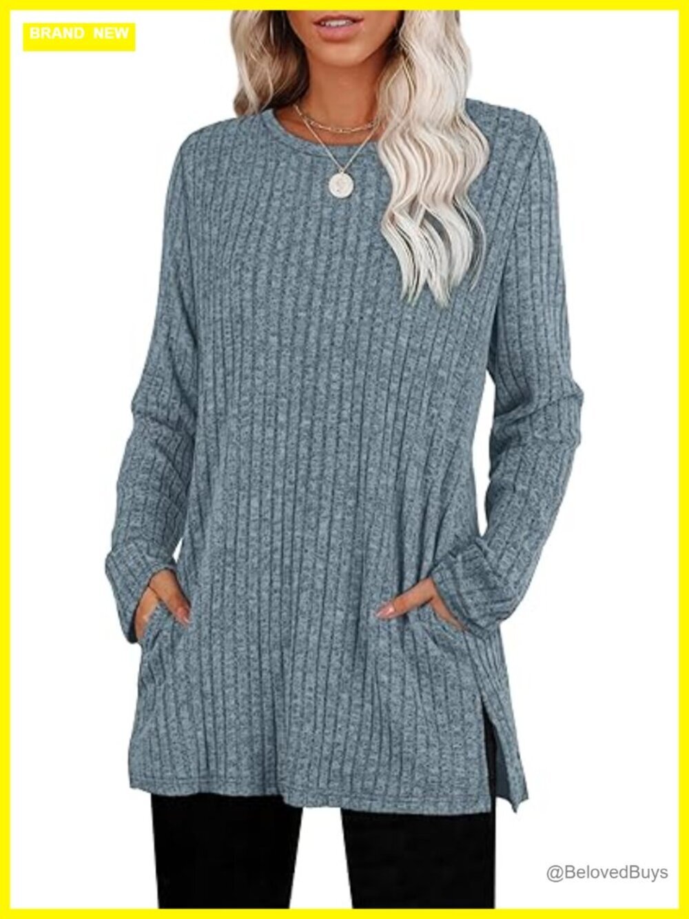Crewneck Long Sleeve Sweater with Pockets Side Slit Tunic